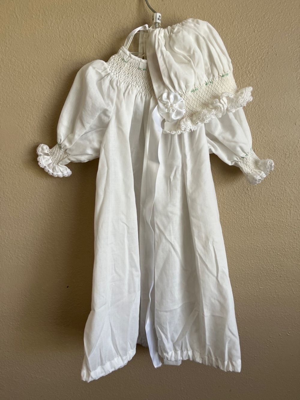 Handmade White Smocked Christening Gown and Bonnet Set Newborn Boy